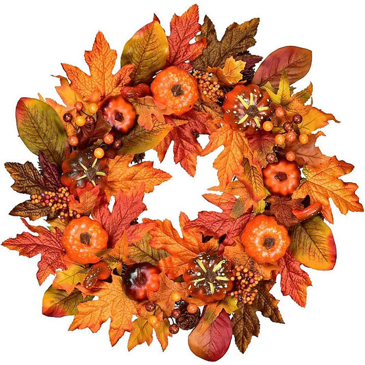 Artificial Wreath for Front Door-Thanksgiving Fall Autumn Wreaths,Maple Leaf Pum